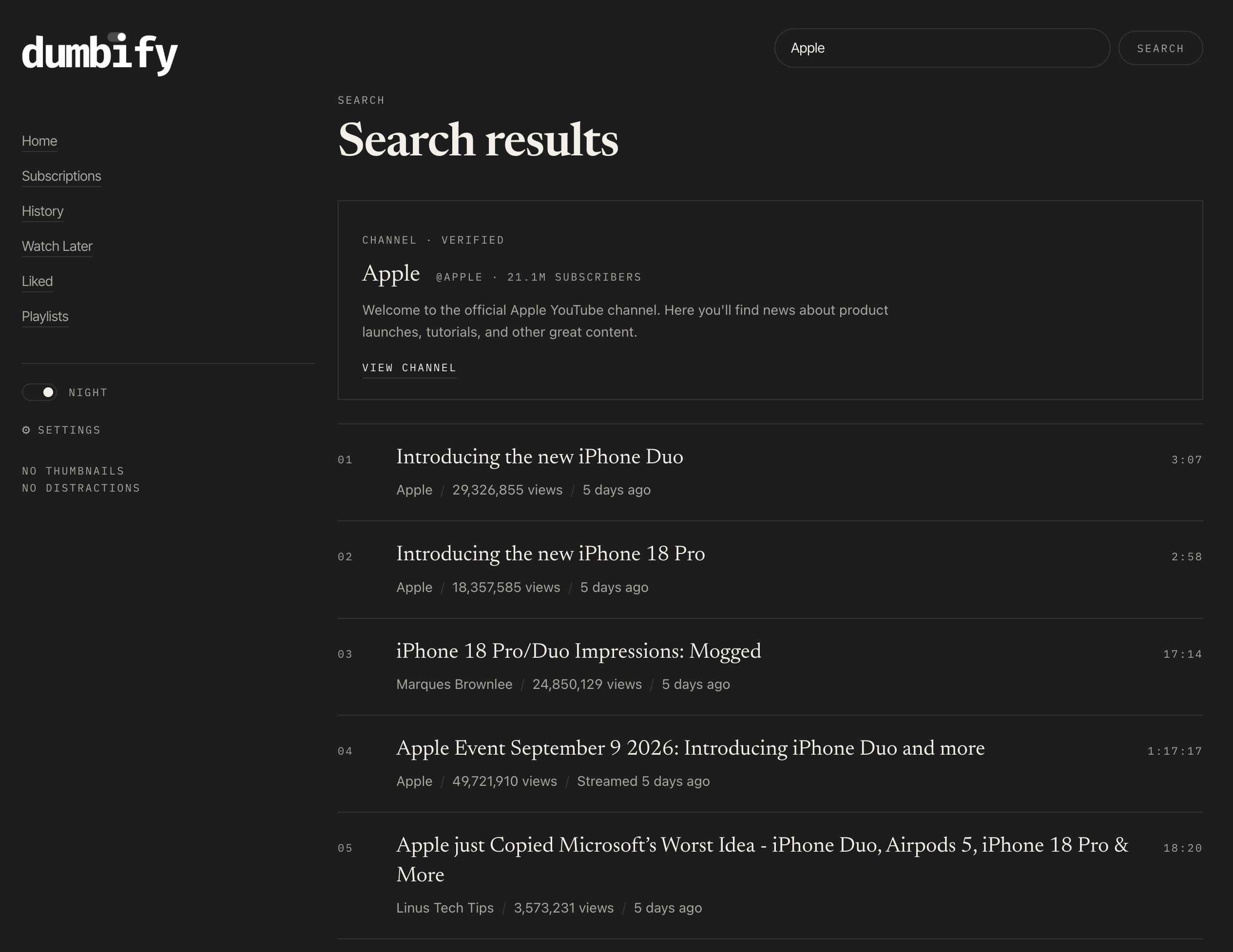 Dumbify search results for Apple as a plain text list