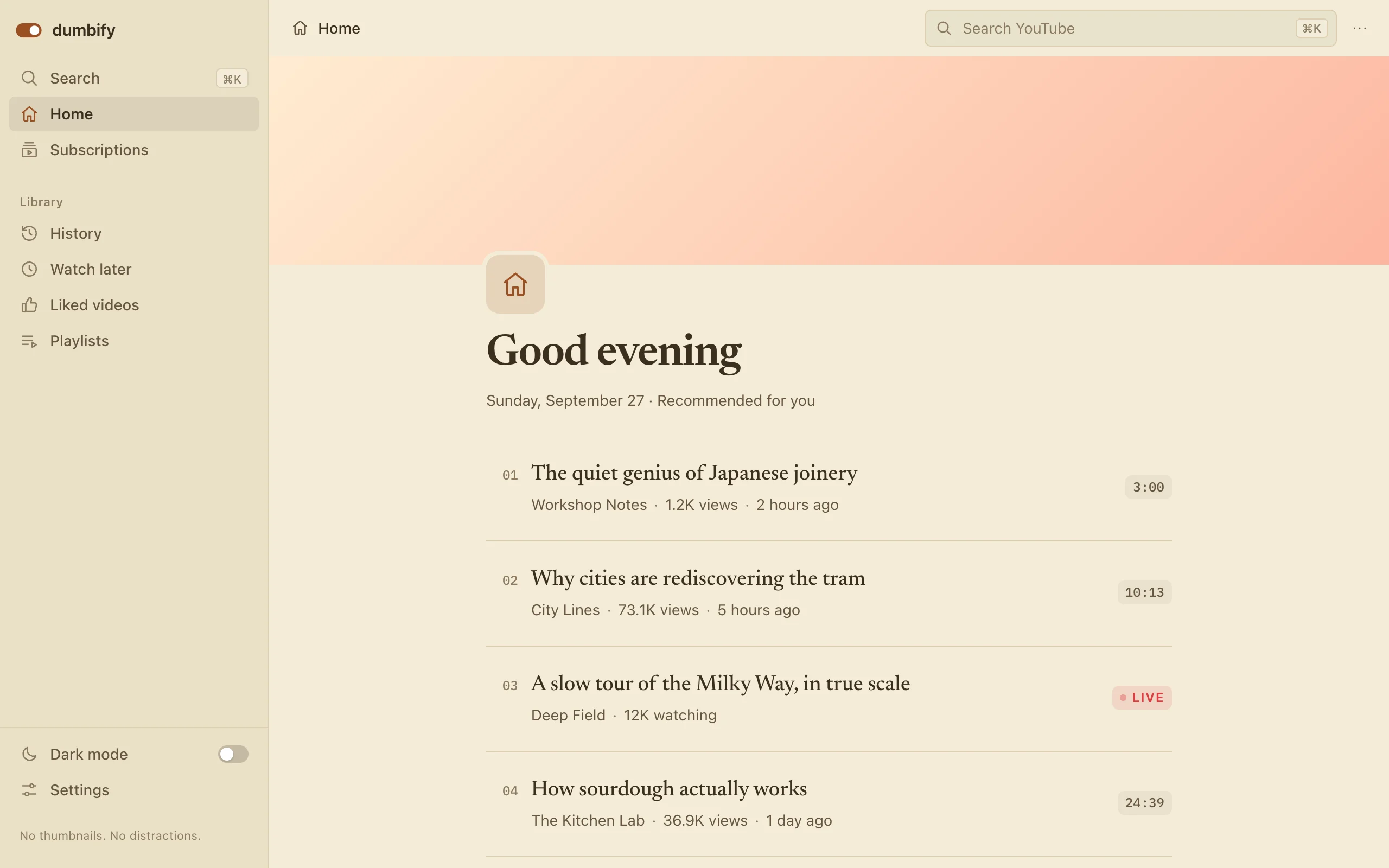The Library look: a serif list on warm sepia under a peach page cover.