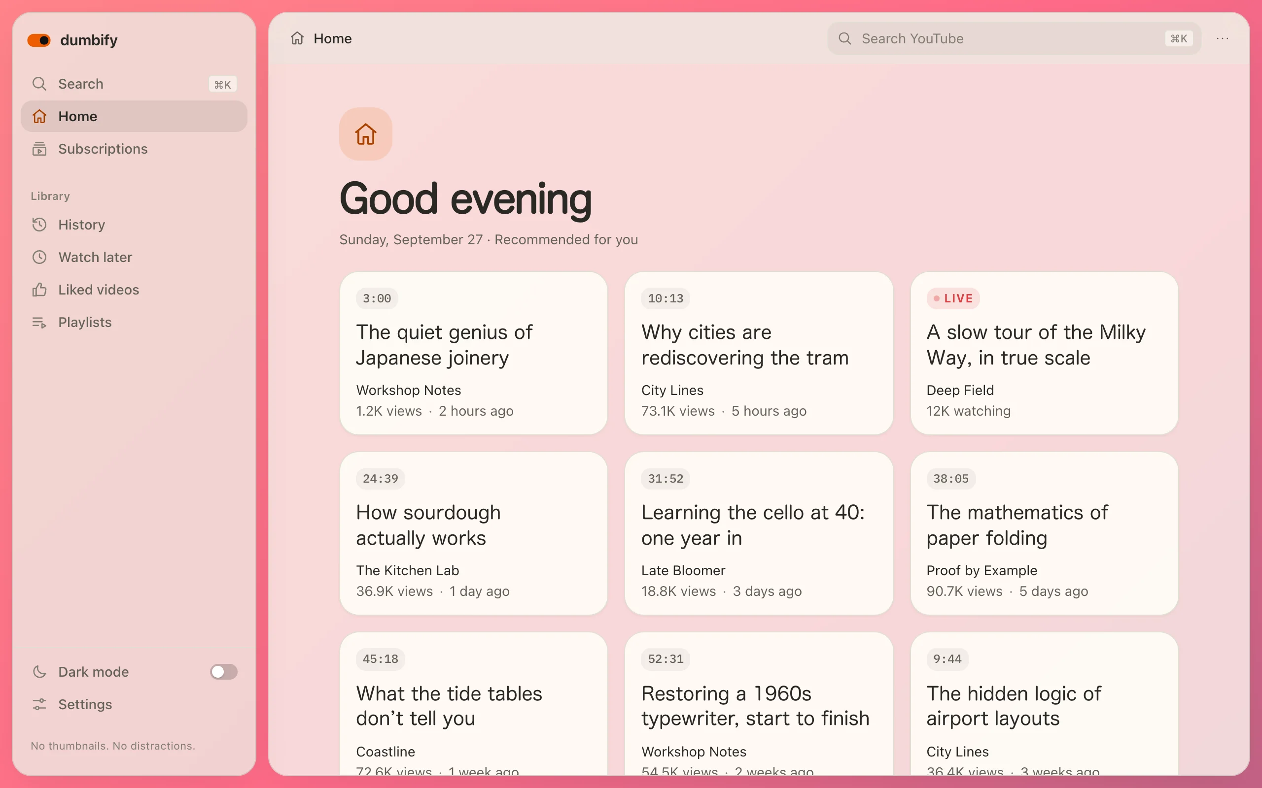 The Sunset look: rounded glass cards over a warm pink and orange wallpaper.